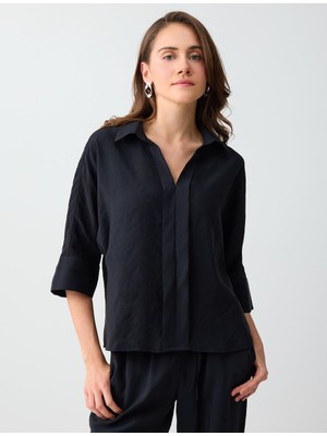 Jimmy Key Siyah Gömlek Yaka Truvakar Kol Modal Dokuma Bluz