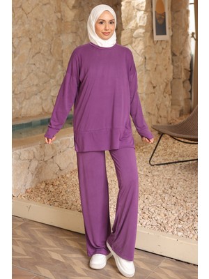 İmaj Butik Mor Manşetli Tunik Pantolonlu Modal Takım
