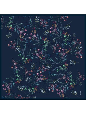 Aker 2025-2026 Yeni Sezon Lacivert Çiçek Desenli Ipek Krep Saten Eşarp