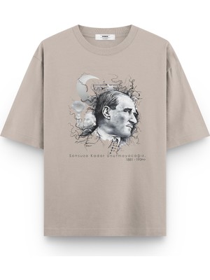 Overoz Atatürk Baskılı Yarı Oversize Oversize Unisex T-Shirt 1236