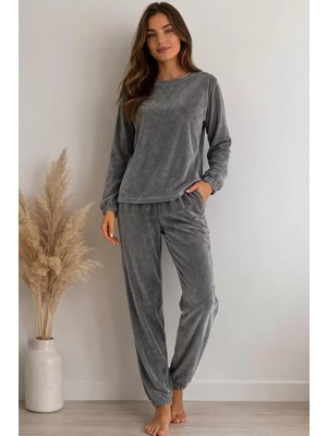 Nivene KADİFE PİJAMA TAKIMI GRİ