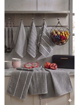 Cotton Queen Olea 6'lı  Antrasit Mutfak Havlusu