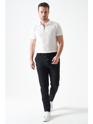 Tena Erkek Siyah Beli Yarım Lastikli Mendi Örme Jakar Pantolon