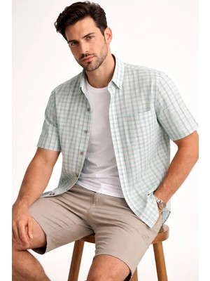 Varetta  Erkek Su Yeşili Kısa Kollu Gömlek Cepli Geniş Kesim Pamuklu Yazlık Kareli