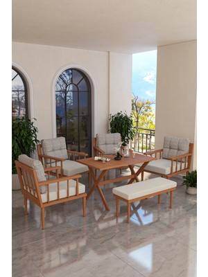 Kaktüs Avm Bahçe Balkon Takımı Masif Fırınlanmış Gürgen Ahşap 4 Tekli Koltuk + Bank + Masa