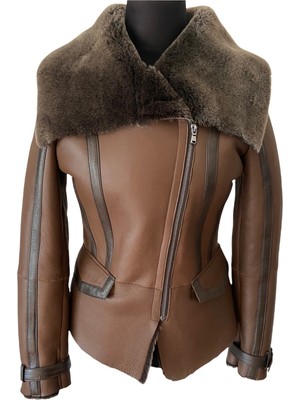 Asus Deri Tooma Içi Hakiki Kuzu Kürkü Biyeli Kadın Kahverengi Deri Ceket
