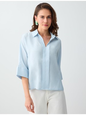 Jimmy Key Gök Mavisi Gömlek Yaka Truvakar Kol Modal Dokuma Bluz