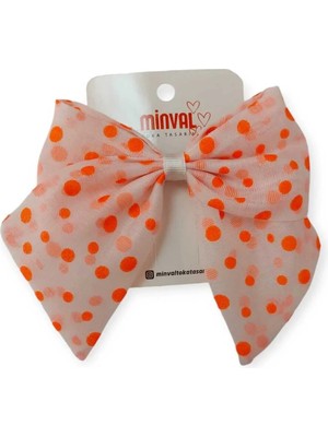 Minval Puantiyeli Turuncu Tül Kumaş Orta Boy 8 cm Otomatik Metal Klipsli Fiyonk Toka