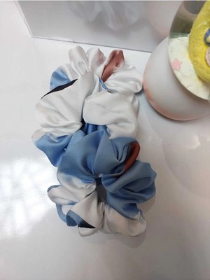 Minval Saten Kumaş Standart Boy Mavi Beyaz Scrunchie 3'lü Simit Toka