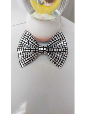 Minval Metalik Gri Kare Pullu 8 cm Otomatik Metal Klipsli Fiyonk Toka