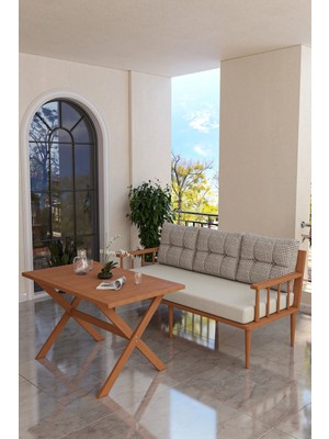 Kaktüs Avm Bahçe Balkon Takımı Masif Fırınlanmış Gürgen Ahşap 3 Kişilik Koltuk + Masa