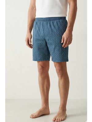 Elemge Pamuk Elastan Erkek Şort Pijama Cepli Ince Penye Desenli Esnek Rahat Kalıp Terletmez Lacivert Yeşil