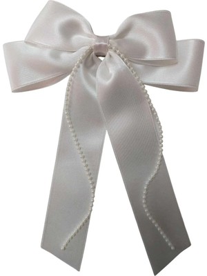 Minval Boncuklu Sallantılı Saten Kumaş 8 cm Otomatik Klipsli Fiyonk Toka