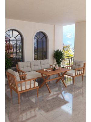 Kaktüs Avm Bahçe Balkon Takımı Masif Fırınlanmış Gürgen Ahşap 3 Kişilik + 2 Tekli Koltuk + Masa