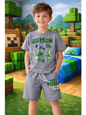 Cg Kids Minecraft Sof Gri Tshirt & Şort Alt Üst Takım Süper Kalite Sırt Baskı Detay