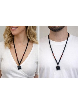 Fil Figürlü Tasarım Kolye – Siyah & Kırmızı Boncuk Detaylı, Unisex Şık Stil (33.5 Cm)