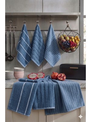 Cotton Queen Olea 6'lı Indigo Mutfak Havlusu