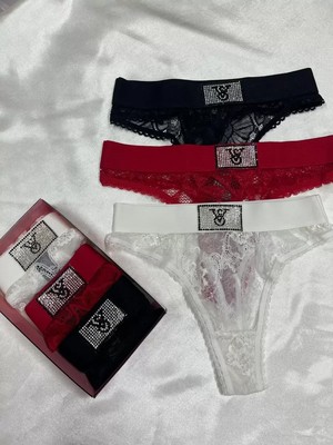 Nivene TAŞLI LOGO DETAYLI DANTELLİ KADIN KİLOT 3LÜ SET SİYAH BEYAZ KIRMIZI