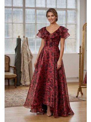 Prline Volanlı Yaka Organze Uzun Abiye Elbise