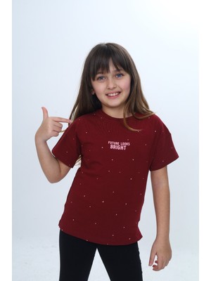 Toontoy Kız Çocuk Bisiklet Yaka Düşük Omuz Kısa Kollu  Baskılı Tişört 24983