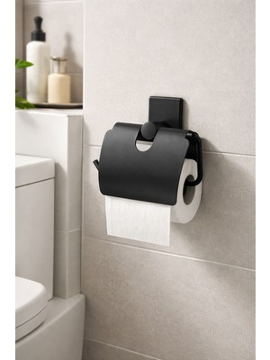 vitrinbanyo Dikdörtgen Yapışkanlı Siyah Kapaklı Tuvalet Kağıtlığı Wc Kağıtlık Tutucu Delmeden Kullanım