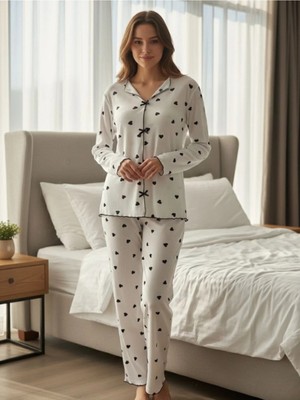 Pijamask Kadın Kalp Desenli Kurdele Detaylı 2'li Pijama Takım