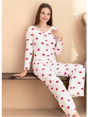 Eliz Kadın Kurdele Detaylı Kiraz Desenli U Yaka Likralı Pijama Takım