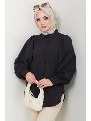 Hafsa Mina Balon Kol Gömlek Siyah HM2639