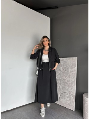 Qimya Butik Qimene Kadın Kapüşonlu Fermuarlı Üst Beli Büzgülü Lastikli Uzun Etekli Ince Alt Üst Ikili Takım