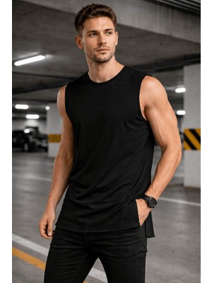 Tarz Cool Erkek Kolsuz Regular Fit Basic Atlet Yan Yırtmaçlı Pis Yaka Tişört