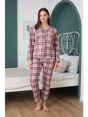 Ercan Kadın Boydan Düğmeli Kırmızı Beyaz Kareli Pijama Takım