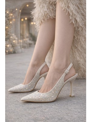 Firibu Saten Gelin Ayakkabısı | Bilek Bantlı Sivri Burun Taş Tokalı 7 cm