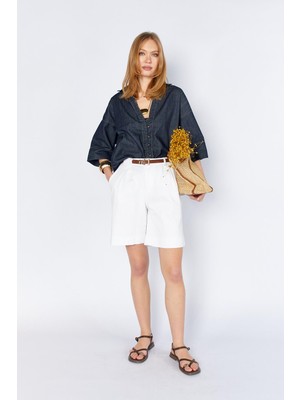 Tena Kadın Beyaz Beli Kemerli Licralı Gabardin Midi Şort