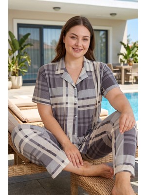 Remsa Büyük Beden Kadın Kısa Kol Milan Kumaş Pijama Takımı 50501-662 GRI02