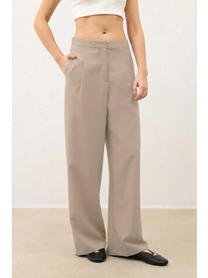 Antioch Bej Pensli Geniş Paça Kadın Pantolon