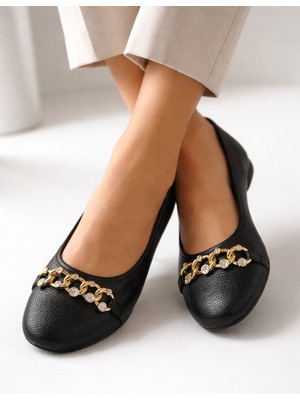 FootFrenzy Liva Kadın Zincir Detaylı Babet Ayakkabı – Şık Günlük Düz Babet - Rahattaban