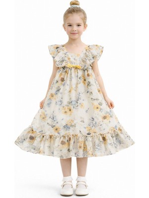 Kız Çocuk Kısa Kol Fiyonklu Desenli Keten  Elbise