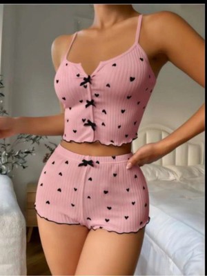 Pijamask Kadın Kalp Desenli Şık Şortlu 2'li Takım