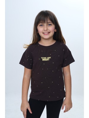 Toontoy Kız Çocuk Bisiklet Yaka Düşük Omuz Kısa Kollu  Baskılı Tişört 24983