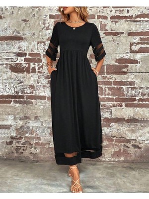 MiraLive Kadın Kısa Kollu Bisiklet Yaka Tül Detaylı Janjan Krep Maksi Elbise