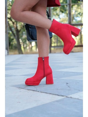 Ayakkabı Ateşi Kırmızı Süet Tasarım Topuklu Kadın Ayakkabı Layana