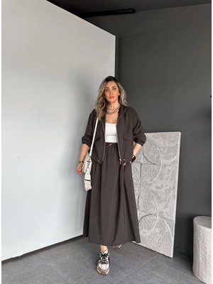 Qimya Butik Qimene Kadın Kapüşonlu Fermuarlı Üst Beli Büzgülü Lastikli Uzun Etekli Ince Alt Üst Ikili Takım