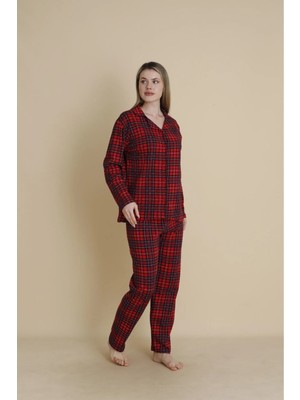 Ercan Kadın Kırmızı Ekoseli Boydan Düğmeli Pijama Takım