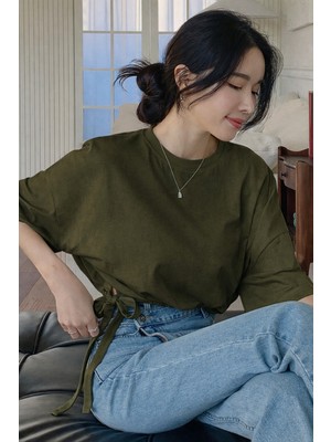 Tarz Cool Kadın Oversize Basic Haki Tişört Yan Bağlamalı Rahat Kesim Günlük Yazlık T-Shirt