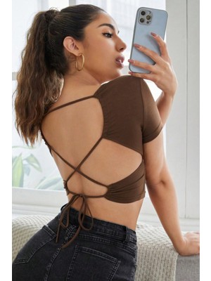Tarz Cool Kadın Sırtı Açık Bağlama Detaylı Kısa Kollu Crop Tişört