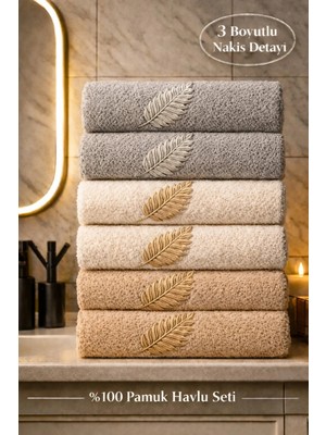 %100 Pamuk Üretim 6'lı Çeyizlik Yüz Havlusu 3D Nakış Detaylı