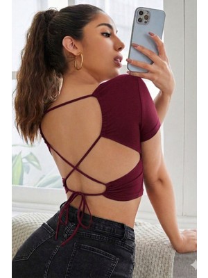 Tarz Cool Kadın Sırtı Açık Bağlama Detaylı Kısa Kollu Crop Tişört