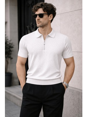 Tarz Cool Erkek Fermuarlı Polo Yaka Triko Tişört Slim Fit Dokulu Yazlık Şık Casual