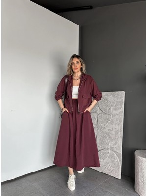 Qimya Butik Qimene Kadın Kapüşonlu Fermuarlı Üst Beli Büzgülü Lastikli Uzun Etekli Ince Alt Üst Ikili Takım