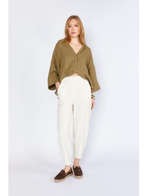 Tena Kadın Ekru (5456) Önü Dikişli Balon Kesim Tencel Pantolon